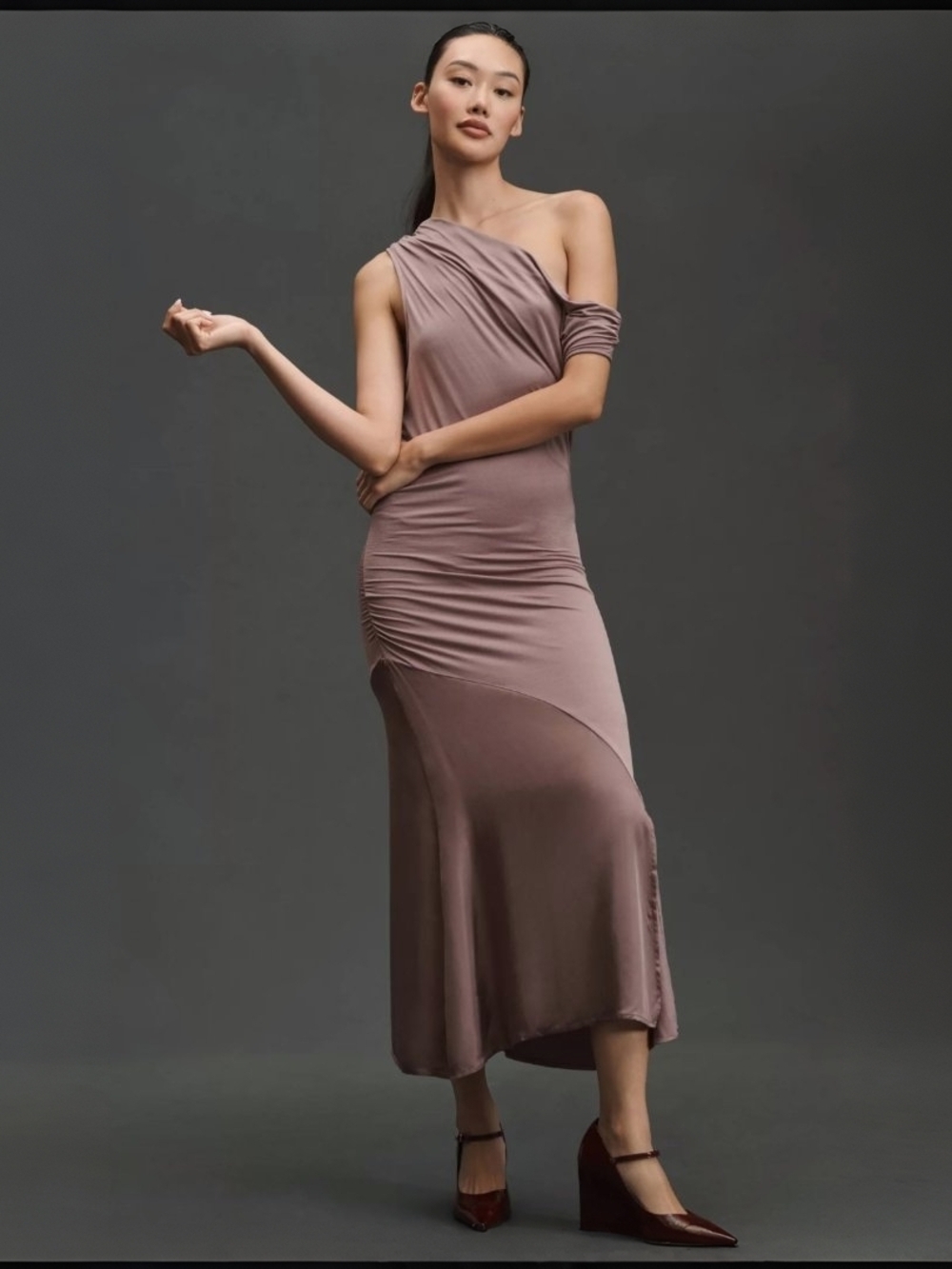 NWT Anthropologie Ruched Asymmetrical Midi Dress Taupe Size L Minimalist Slip